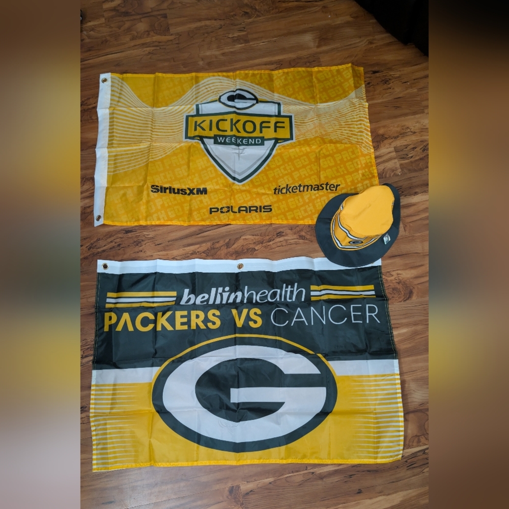 Packers Kickoff Weekend Flag,Packers Vs Cancer Flag and Bucket Hat NEW